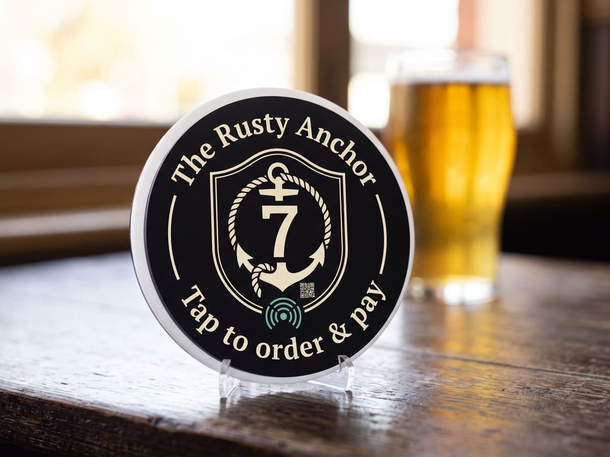 A round black tile for The Rusty Anchor, numbered 7 and reading "Tap to order & pay", standing beside a pint of beer