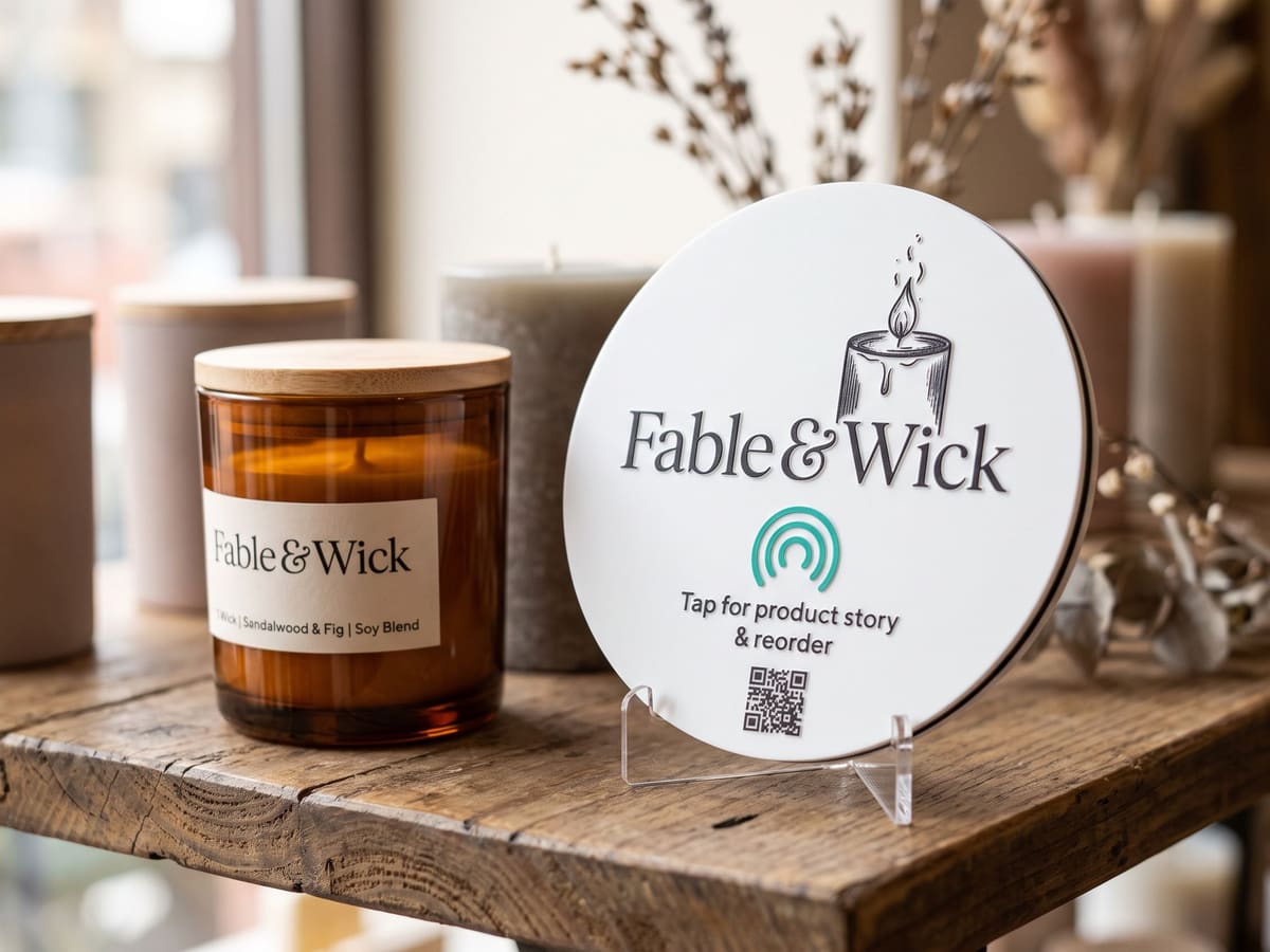 A round white Fable & Wick tile reading "Tap for product story & reorder" beside amber candle jars