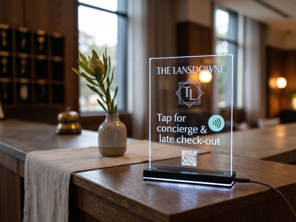 A clear acrylic tile for The Lansdowne reading "Tap for concierge & late check-out" on a stand in a hotel room