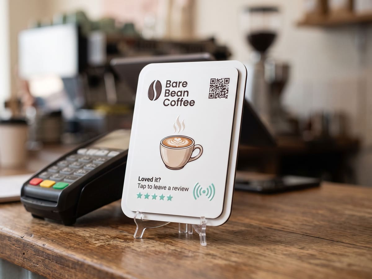 A white Bare Bean Coffee tile reading "Tap to leave a review" standing beside a card terminal on a café counter