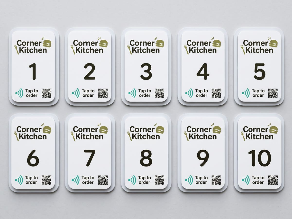 Ten white acrylic tiles laid out in two rows, numbered 1 to 10 for Corner Kitchen, each reading "Tap to order"