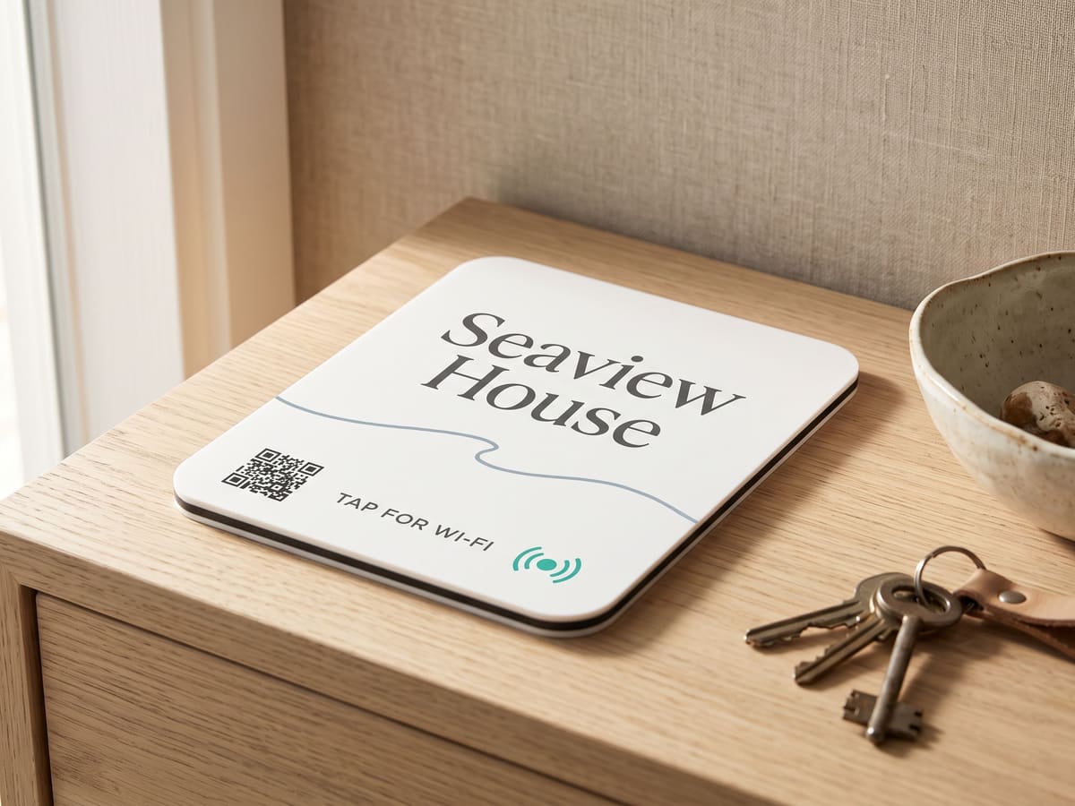 A white Seaview House tile reading "Tap for Wi-Fi" on a timber dresser next to a set of keys