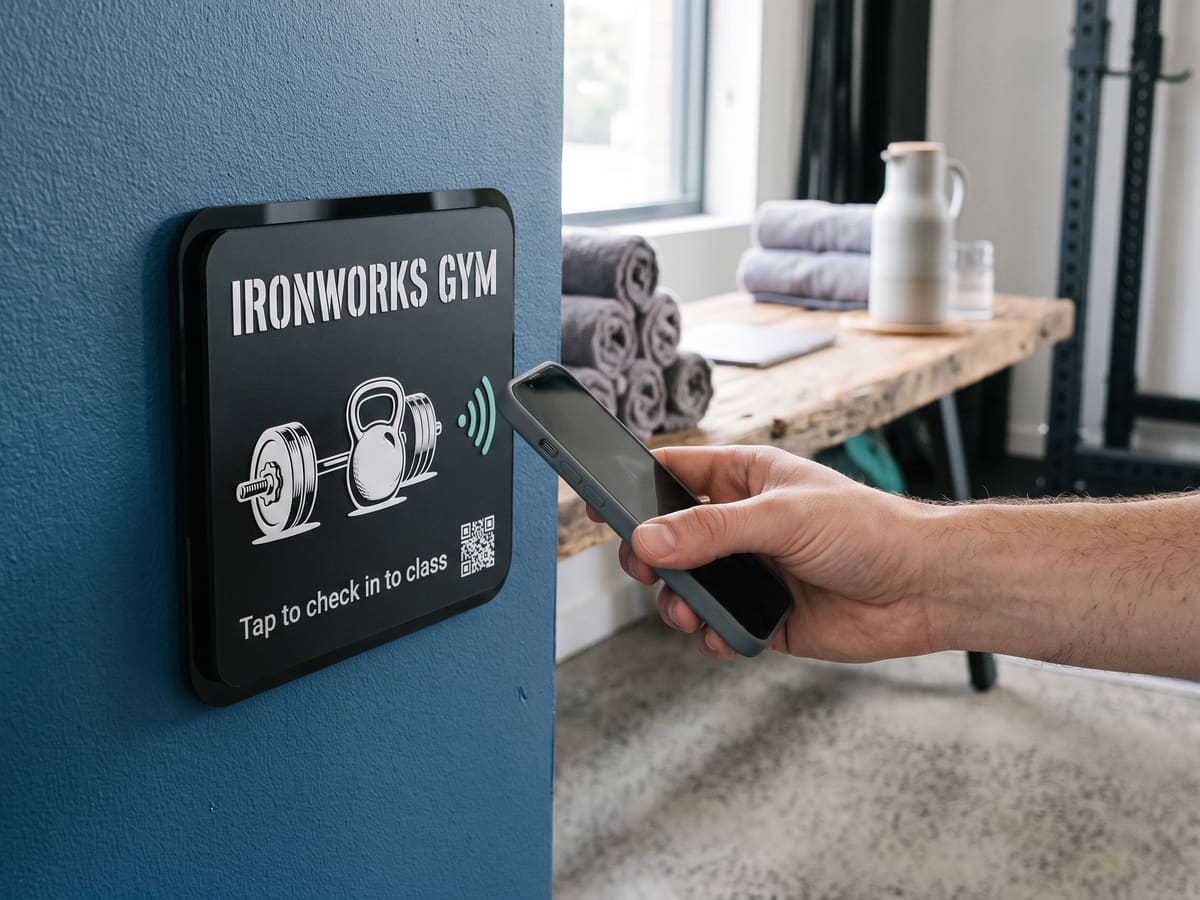 A hand tapping a phone against a black tile mounted on a wall