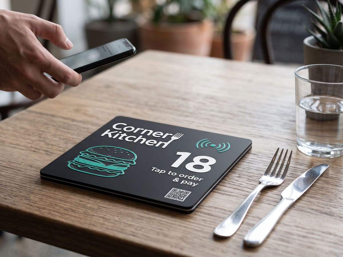 A black numbered tile on a café table, reading "Tap to order"