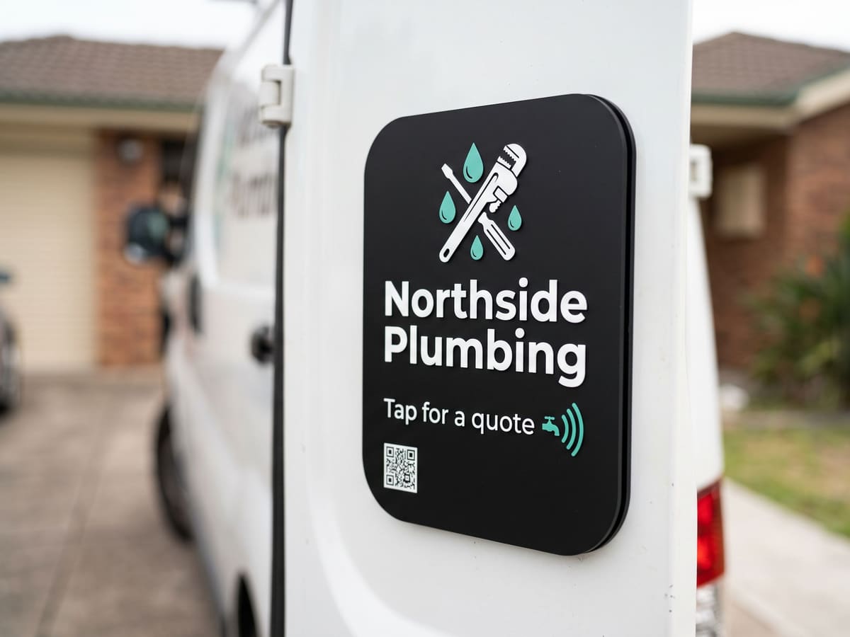 A square white tile reading "Tap for a quote" on the side of a work van