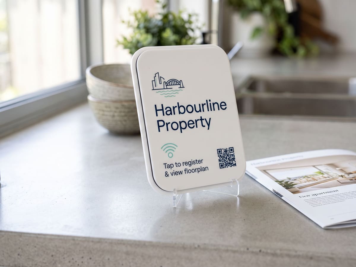 A white tile reading "Tap to register" on a kitchen bench beside a brochure